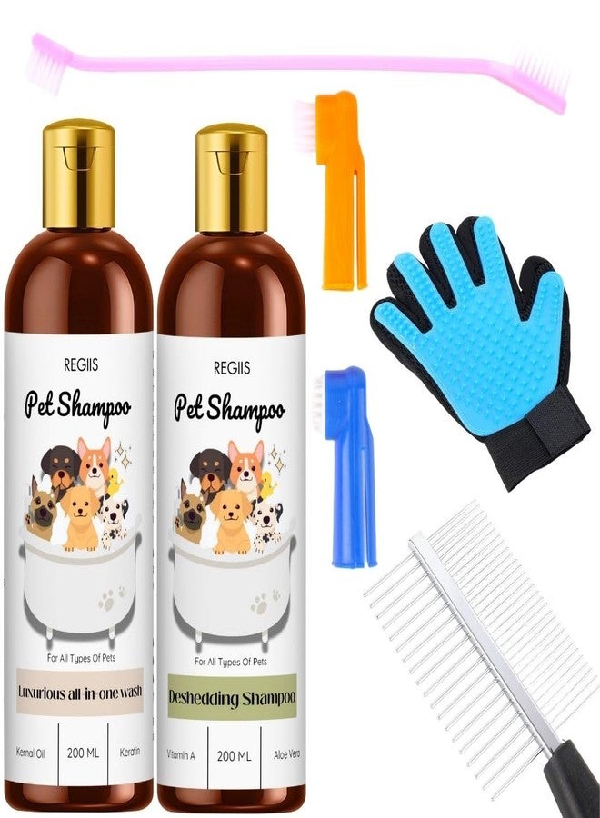 مجموعة ريجيس للعناية بالحيوانات الأليفة مع شامبو لإزالة الشعر الزائد، زجاجتان سعة 200 مل، قفاز للعناية، مشط، أدوات إزالة شعر الحيوانات الأليفة للكلاب والقطط (عبوة من 5 قطع) - Image 1